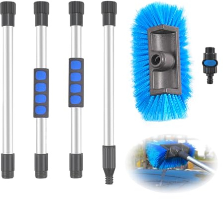 Onperpoe Brosse de lavage de voiture de 160 cm à long manche avec adaptateur d'eau, kit de nettoyage de voiture à poils doux avec 4 brosses télescopiques extensibles pour panneau solaire, van, camion