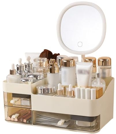 NexusGlow Multifunctional Makeup Organiser with LED Rechargeable Mirror& 3-Drawer Make up Organiser Cosmetic Organiser Skincare Storage Box for Bedroom Bathroom Desktop