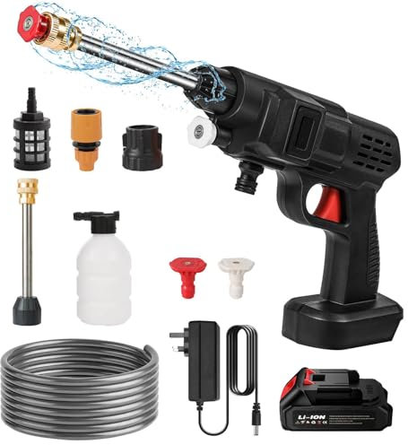 21V 38Bar High Pressure Cordless Pressure Washer, 5L/min Portable Pressure Washer with Battery, 5m Hose 6-in-1 Adjustable Nozzle, Pressure Cleaner for Car Floor Garden Cleaning Watering (1 battery)