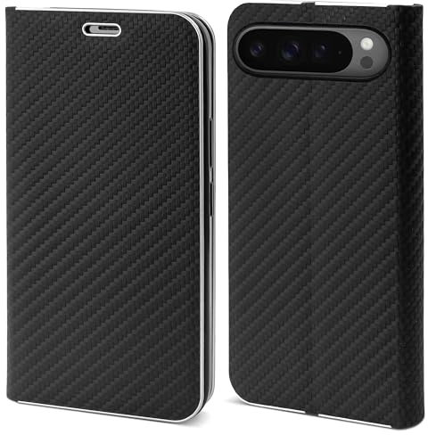Moozy Cover per Google Pixel 9 Pro/Pixel 9, Custodia Libro Carbonio, Portafoglio Case Antiurto Soft con Porta Carte e Chiusura Magnetica, Protezione dei Bordi Metallici, Nero