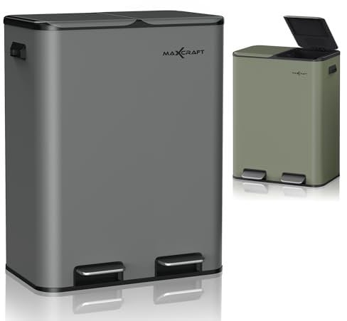 MAXCRAFT Mülleimer 60 Liter aus Stahl Treteimer Abfalleimer mit 2 Inneneimern aus Kunststoff (2x 30L) - Sanft Schließend mit Deckel und Geruchsfilter für Küche, Badzimmer oder Büro in Anthrazit