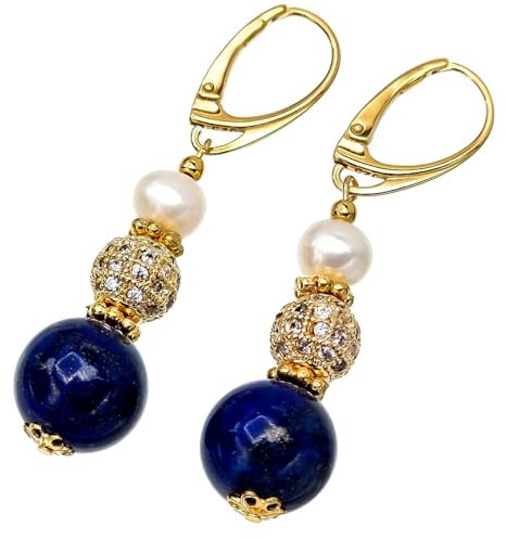 Arande, Ohrringe mit echten Perlen und Lapislazuli – Vergoldetes 925er Silber, Zirkonia besetzte Kugeln