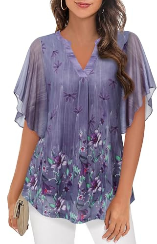 Vafoly Bluse Damen Elegant Kurzarm V-Ausschnitt Blumen Doppellagig Tunika | Sommer Tunika Rüschenärmel Loose Fit Flowy Leichtes Mesh Oberteil