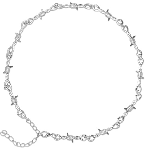 LuxGoth Stainless Steel Barbed Wire Thorns Stab Collar Necklace Gothic Punk Rock Emo Biker Cosplay Vintage Brambles Charm Necklace Jewelry for Men Women Silver GTS-N1D60002