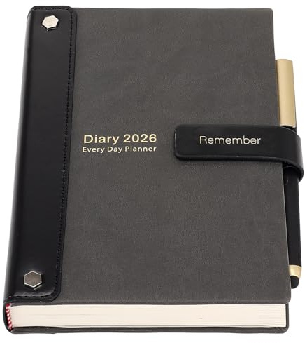 2026 Kalender A5, Seite pro Tag, Jan-Dez Planer, 2026 Kalender Tag pro Seite, Hardcover-Organizer, ganzjähriger Planer mit Stift, 3 Lesezeichen, farbige Seitenlaschen, Schwarz