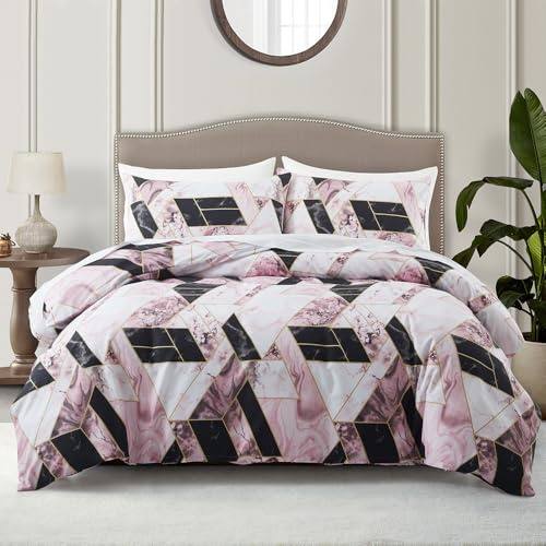 LYJKLST Housse de Couette Marbre bordé d'or 3 Pièces 280 x 240 cm avec 2 Taies d'oreiller 65x65 cm Marbre irrégulier Motifs Parure de Lit 280 x 240 cm Douce Respirable Microfibre Rose et Noir