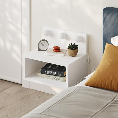 HOCUS PICUS Treo Wall Mounted Nightstand, One Open Compartment, White | Floating Bedside Shelf with 3 Built-in Lamp Sockets, Wall Nightstand, Easy Mount, 5 3 kg, 40x39x30cm