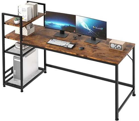 Levede 160cm Office Desk with 4-Tier Shelves, Large Writing Desk with Reversible Bookcase, Study Desk for Home Office, Sturdy Computer Table, Dark Brown