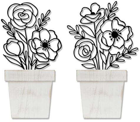 YiYa 2 Stück Metall Blumen-Wanddeko (Topf-Design) Floral Line Wandskulptur Minimalistische Vase Wandkunst für Zuhause Wohnzimmer Schlafzimmer Schwarz
