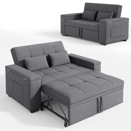 Xbro 3-in-1 Schlafsofa ausziehbar, 2-Sitzer Sofa mit Schlaffunktion, verstellbare Rückenlehne, Leinenstoff mit 2 Kissen und Seitentaschen, für Wohnzimmer, Schlafzimmer oder Büro, Dunkelgrau