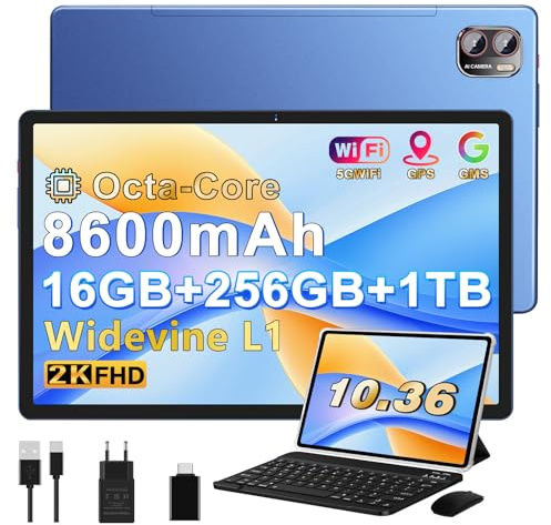 MEBERRY 2026 Neueste Tablet Android Gemini AI Tablet 2K Bildschirm 16GB RAM + 256GB ROM + TF 2TB Octa-Core / 2000 x 1200 Pixels / 8600 mAh / 5MP + 13MP / 5G WLAN/Bluetooth 5.0, mit Maus Tastatur Blau