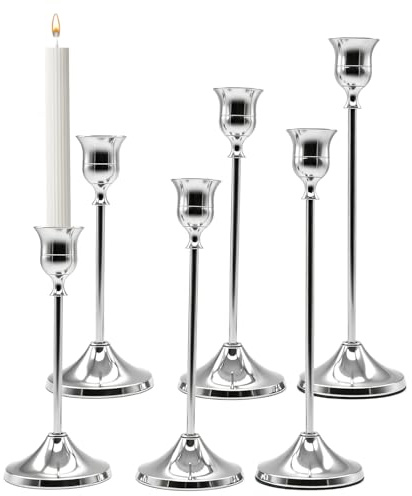 CFKJHAN Kerzenständer Silber Hochzeit 6 Set Vintage Kerzenständer | Stabkerzen Metall Kerzenhalter Stabkerze Dekorativer Stabkerzenhalter Candle Holder für Tischdekoration Hochzeit Wohnkultur