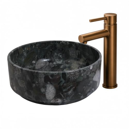 Lavandino rotondo in pietra naturale intagliato a mano da 40,6 cm, lavabo da bagno in marmo verde, lavabo da bagno