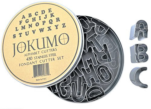 JOKUMO Mini-Alphabet-Buchstaben A-Z Fondantausstecher, 26 Stück, aus hochwertigem 430er Edelstahl, mit Aufbewahrungsdose und Form identifizieren Vorlage Papier