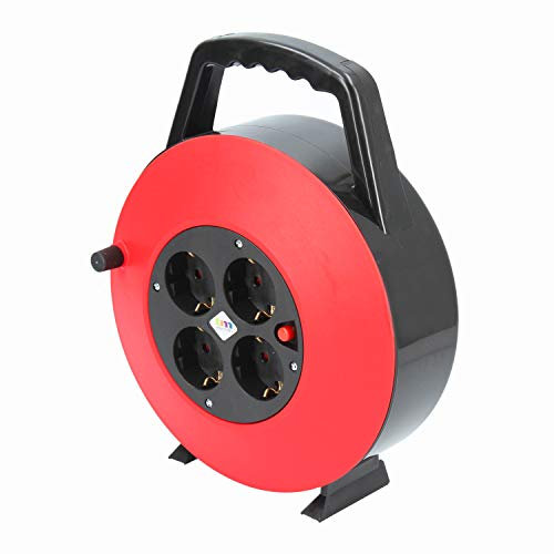TM Electron TMUAD210 - Cable de alimentación en Bobina Enrollable de 10 Metros con 4 Tomas, Color Rojo