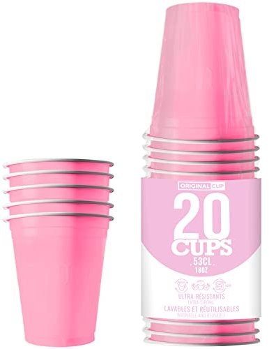 Original Cup, Paquete de 20 Tazas de Color Rosa Pastel Originales Oficiales, Copas Americanas 53cl Beer Pong, Vasos de Plástico Reutilizables, Lavado a Mano ya Máquina