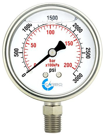 CARBO Instruments Stainless Steel Pressure Gauge Dual Display (0-3000 psi/kPa) - 2 1-2 Glycerine Liquid Filled Water Air Oil Gas Gauge with Polycarbonate Lens & Brass Connection -1/4 NPT Lower Mount