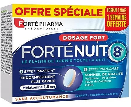 Forté Pharma - FortéNuit 8h - Complement Alimentaire Sommeil adulte à base de Melatonine 1,9mg, GABA, Valériane, Passiflore - Endormissement, Pour Dormir - 30 comprimés Bi-couches