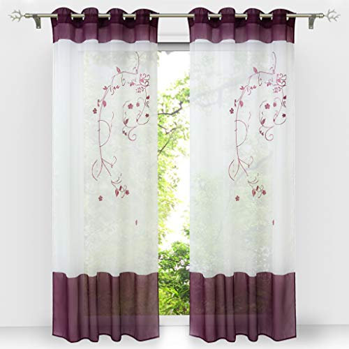 HongYa 1 Stück Bestickte Gardine Transparenter Voile Vorhang Ösenschal H/B 145/140 cm Beere