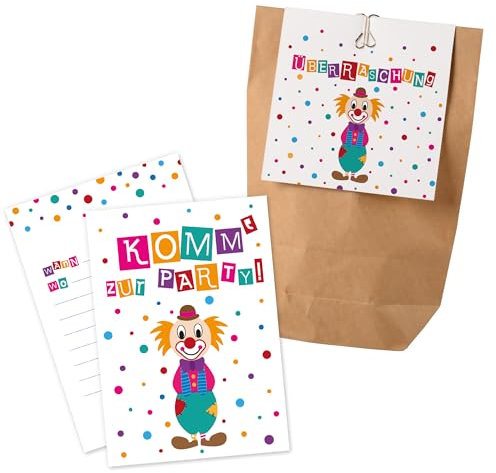 12x Clown Einladungskarten + Partytüten - Set / Karneval Party Einladungskarten Karneval Kindergeburtstag Partytüten Kindergeburtstag Karneval Partytüten Kindergeburtstag Einladungen Faschingsparty