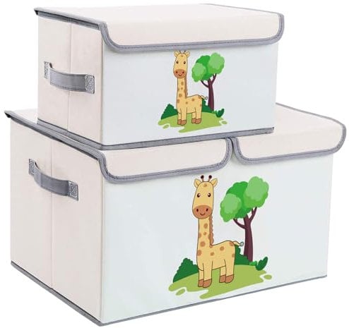 DIMJ 2 Pack Toy Boxes with Lid, Large Kids Storage Box Cartoon Fabric Toy Organiser Foldable Bins with Handles for Kids, Clothes, Toys, Books, Nursery, Home (Beige 2)
