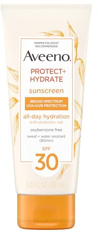 Aveeno Protect + Hydrate Moisturizing Sunscreen Lotion with Broad Spectrum SPF 30 & Prebiotic Oat, Weightless Sweat & Water-Resistant Full Body Sunscreen, Oxybenzone-Free, 3.0 fl. oz