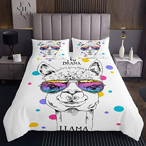 Niedliches Lama Tagesdecke 240x260cm Mädchen Karikatur Lama Alpaka Steppdecke Bunte Tupfen Streifen Bettüberwurf Für Kinder Erwachsene Schönes Lustiges Tier Wohndecke