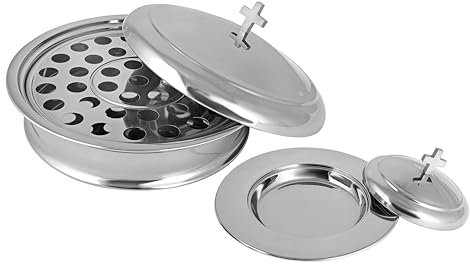 Mayur Exports Comunionsware apilable, 1 bandeja de comunión con tapa y 1 plato de pan con tapa para iglesias de acero inoxidable brillante (espejo)
