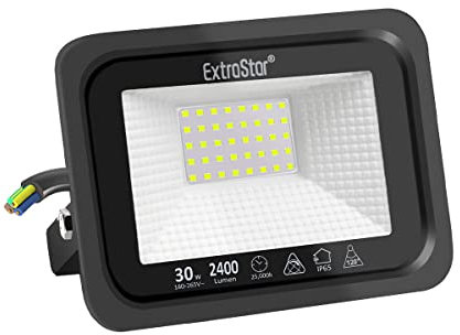 EXTRASTAR Projecteurs LED Extérieur 30W, IP65 Etanche, 2400LM, Spot LED Extérieur, 6500K Blanc Froid, Eclairage de Sécurité, pour Jardin Terrasse Garage Patio Grange Cour