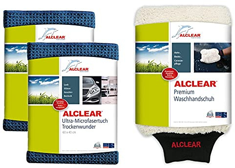 ALCLEAR Auto Microfasertuch Trockenwunder für Autopflege, 2er Set, Autolack, Motorrad, Küche u. Haushalt – 60x40 cm blau & Mikrofaser Handschuh zum Auto waschen mit Shampoo