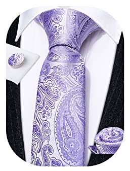 Barry.Wang Light Purple Tie Set Mens Silk Floral Necktie Pocket Square Cufflinks Wedding Party Prom