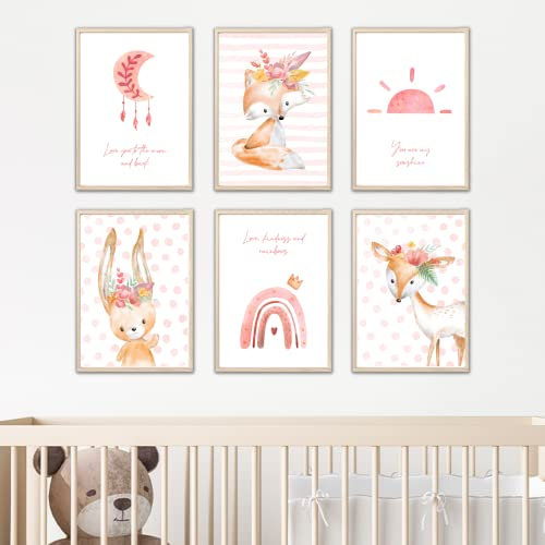 MeinBaby123® Poster Kinderzimmer | 6er Set DIN A4 Poster Set | Indianer-Tiere Boho Wandbilder | Deko Bilder Kinderzimmer | Babyzimmer Deko | Wandposter Premium (Boho Tiere Sonne & Mond)