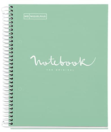 Miquelrius - Notizbuch A5 Notebook, 1 farbiger Streifen, 80 Blatt mit raster 5 x 5 mm, Papier 90 g/m² mikroperforiert mit 2 Bohrungen für 2 Ringe, Einband aus Karton, Farbe Mintgrün