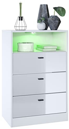 Vladon Kommode Pino V2, Made in Germany, Anrichte mit 3 Schubladen & 1 offenem Fach, Weiß matt/Weiß Hochglanz (56 x 86,5 x 36 cm), mit RGB LED-Beleuchtung