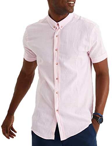 Leif Nelson Chemise d'été en lin pour homme - Manches courtes - Pour les loisirs et les affaires - Mélange de lin et de coton - Coupe droite, Rose, M
