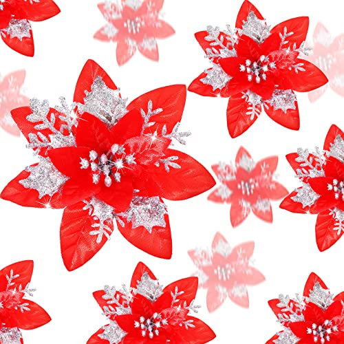 24 Pezzi di Fiori Artificiali di Stella di Natale Glitterati Poinsettia di Natale con Clip per Addobbi di Regali e Alberi di Natale, 6 Pollici, 4 Pollici, 3 Pollici (Rosso e Argento)