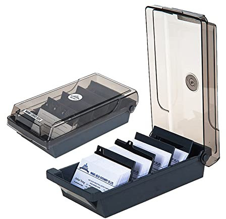 DAJASD Visitenkartenbox mit Deckel, 500 Visitenkarten Aufbewahrungsbox mit 4 Teilerplatinen und A-Z-Index-Registerkarten, Visitenkartenbox, für Büro-Tischplatte, Grau