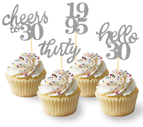 24 Stück Glitzer 30. Geburtstag Cupcake Topper, Tortendeko Perlenhochzeit, Geburtstagsdeko von 1995 für 30 Geburtstagsfeier Kuchendekoration, 30 Perlenhochzeit Kuchendeko (Silber)