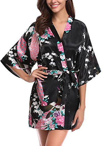 Migcaput Bademantel Damen Kurz Kimono mit Gürtel Robe Morgenmantel Sexy V-Ausschnitt Leicht Seide Satin Pyjama Strandkimonos Nachtwäsche mit Pfau Muster Schwarz S