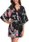 Migcaput Bademantel Damen Kurz Kimono mit Gürtel Robe Morgenmantel Sexy V-Ausschnitt Leicht Seide Satin Pyjama Strandkimonos Nachtwäsche mit Pfau Muster Schwarz S