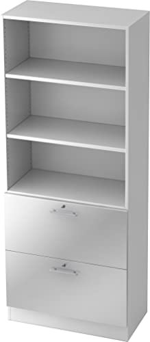 bümö Office Aktenschrank mit Hängeregister-Schubladen abschließbar, Büroschrank Holz, 80cm breit in Weiß/Silber - Hängeregistratur für Hängeordner, Büro Schrank mit Relinggriffen