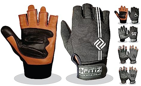 FITIZ Gants de fauteuil roulant en cuir véritable, gants rembourrés respirants, sans doigts, gants de vélo avec poignée antidérapante, gants de cyclisme légers