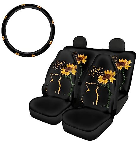 SEANATIVE Autositzbezug mit Lenkradbezug, Motiv: süßer Katzendruck, gelbe Sonnenblume, für Vorder- und Rücksitze, universelle Auto-Dekoration, 5-teilig