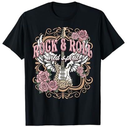 Rock and Roll Wild Spirit Boho Angel Wings Floral Gitarre T-Shirt
