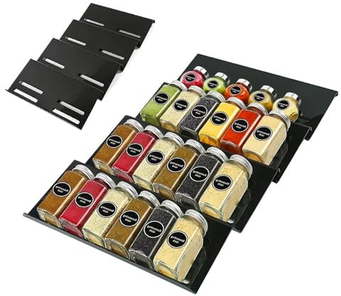 Lot de 4 Range Épices Cuisine Tiroir, Support Organisateur Épices Tiroir, Porte Épices Extensible Largeur, Presentoir à Épices pour Pot Epices, pour Placard, Plan de Travail, Cuisine(Noir, 30x15cm)
