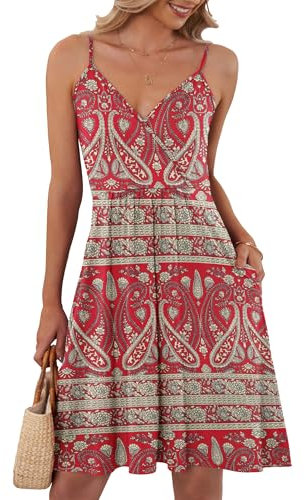AUSELILY Sommerkleid Damen Große Größen V-Ausschnitt Elegant Freizeitkleid Strandkleid Spaghetti-Träge mit Taschen S-XXL(Boho Blume Rot,XXL