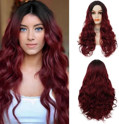 Rote Lange Gewellte Perücken für Frauen Synthetische Ombre Schwarz bis Rot Lockige Mittelteil Haarperücke für Halloween Cosplay Gebrauch
