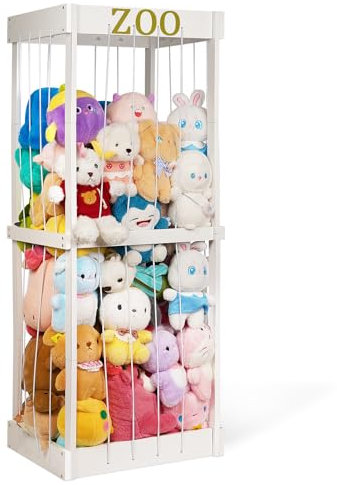 Trycooling Stuffed Animal Zoo Stuffed Animal Storage Wood Plushie Storage Stuffed Animals Zoo Storage Cage with Zoo Pattern Elastic Band for Nursery Play Room Bedroom (White)