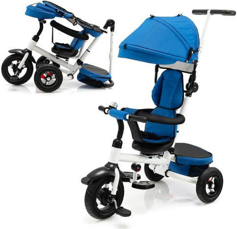 GOPLUS 7 in 1 Kinder Dreirad, Klappbares Kinderdreirad mit verstellbarem Sonnendach und Schiebegriff, drehbarem Sitz, Sicherheitsgurt, Laufrad mit Aufbewahrung für Kinder 1-5 Jahre(Blau)