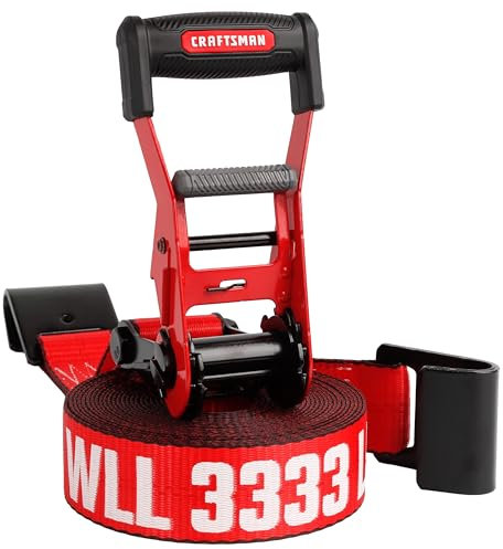 CRAFTSMAN CMXAZBS10000F Black/Red 2 x 27' Ratchet Tie Down Strap with Flat Hook - Heavyweight/Industrial Duty (10,000 lb Break Strength)